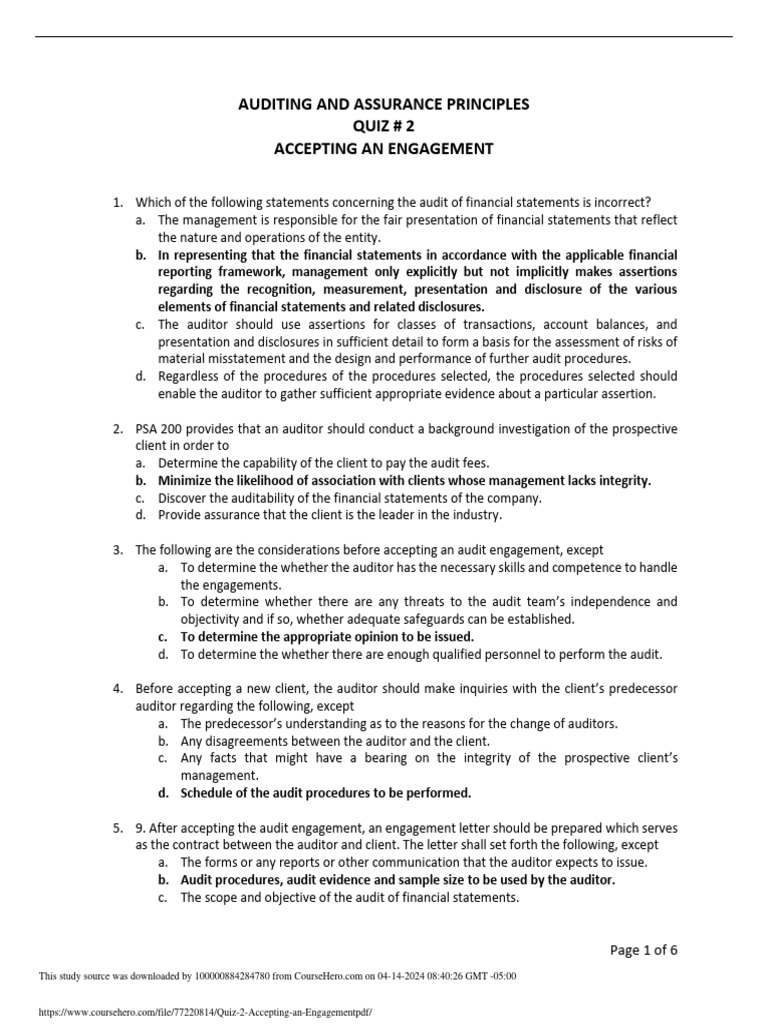 Quiz 2 Accepting An Engagement PDF | PDF | Audit | Financial Audit