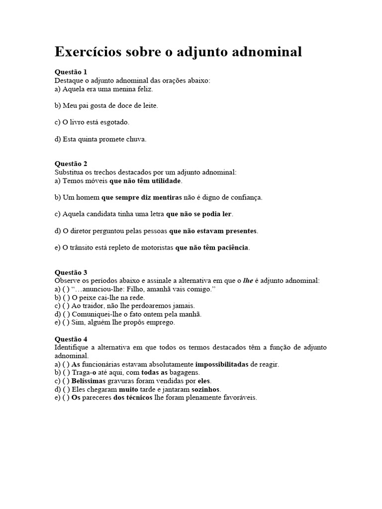 Exercícios sobre Adjunto Adnominal | PDF