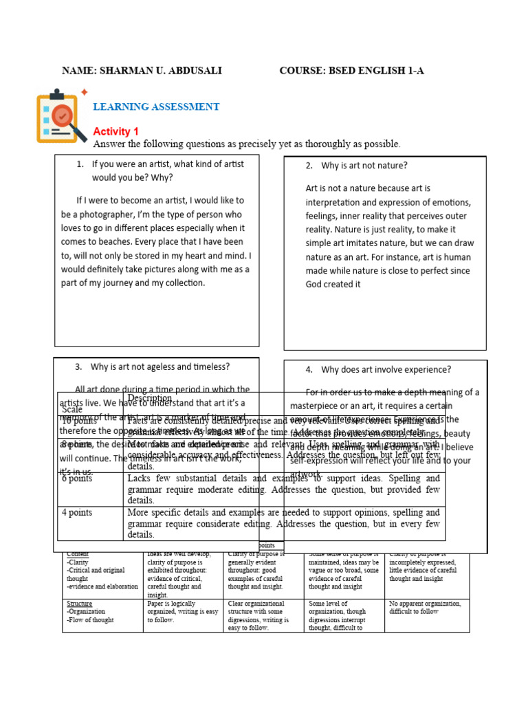 Learning Assessment on Art and Expression | PDF | Feeling | Cognition