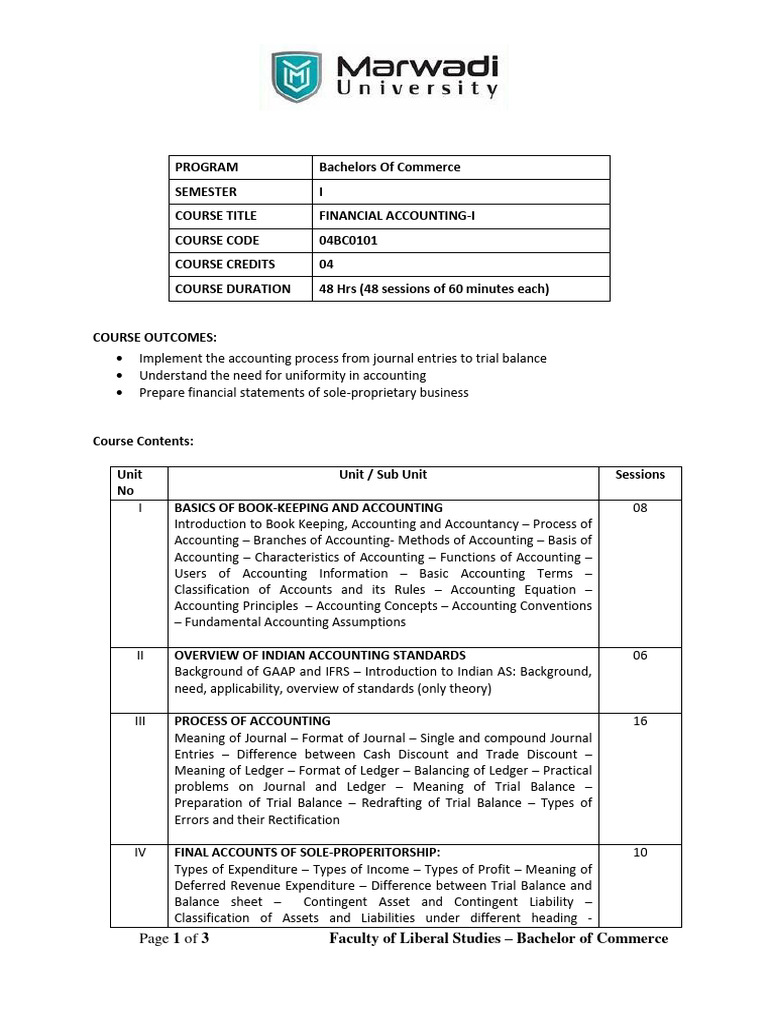 Financial Accounting I Course Overview | PDF | Accounting | Bookkeeping