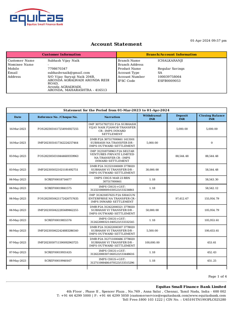 Equitas Bank Account Statement Summary | PDF | Banking | Banks