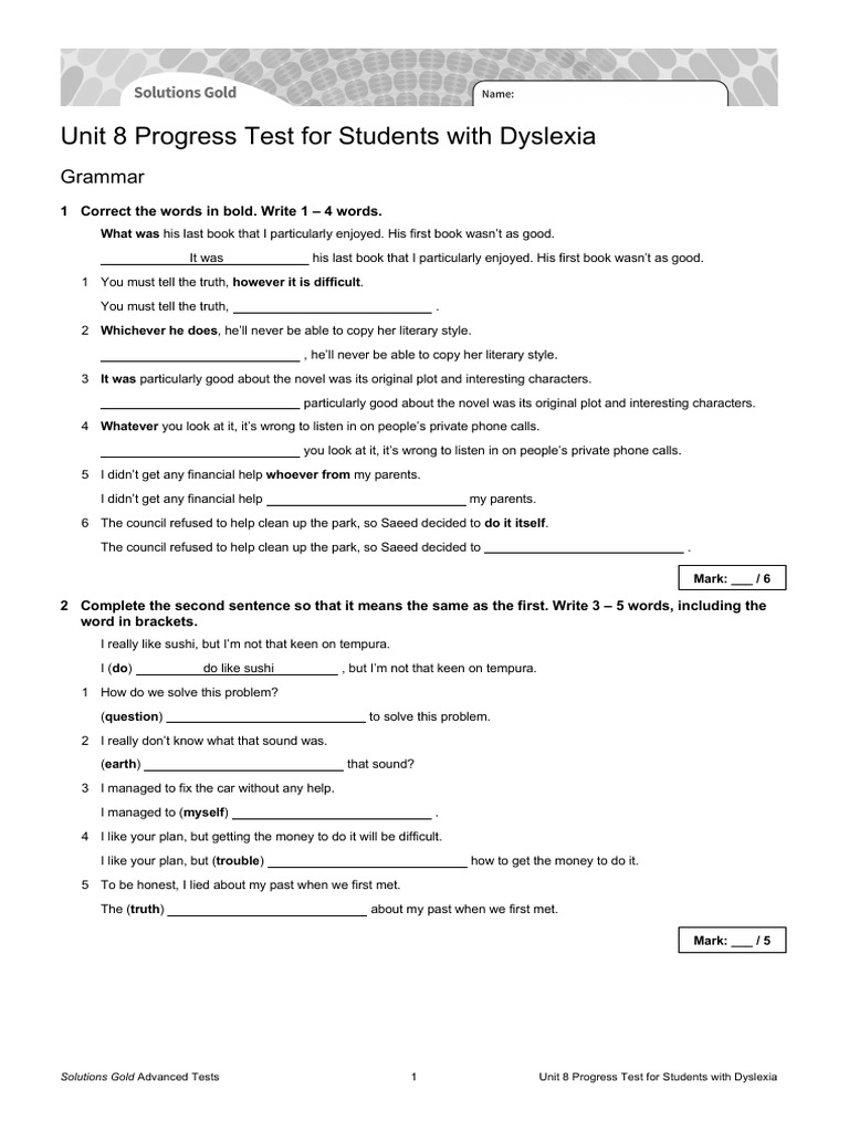 Unit 8 Dyslexia-Friendly Progress Test | PDF