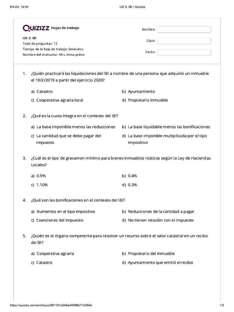 Quiz sobre IBI: Preguntas y Respuestas | PDF | Impuestos | Economias