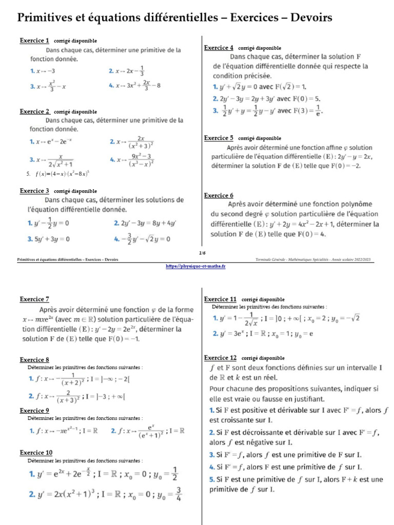 Exercices corrigés : Primitives et équations | PDF | Équations | Échecs