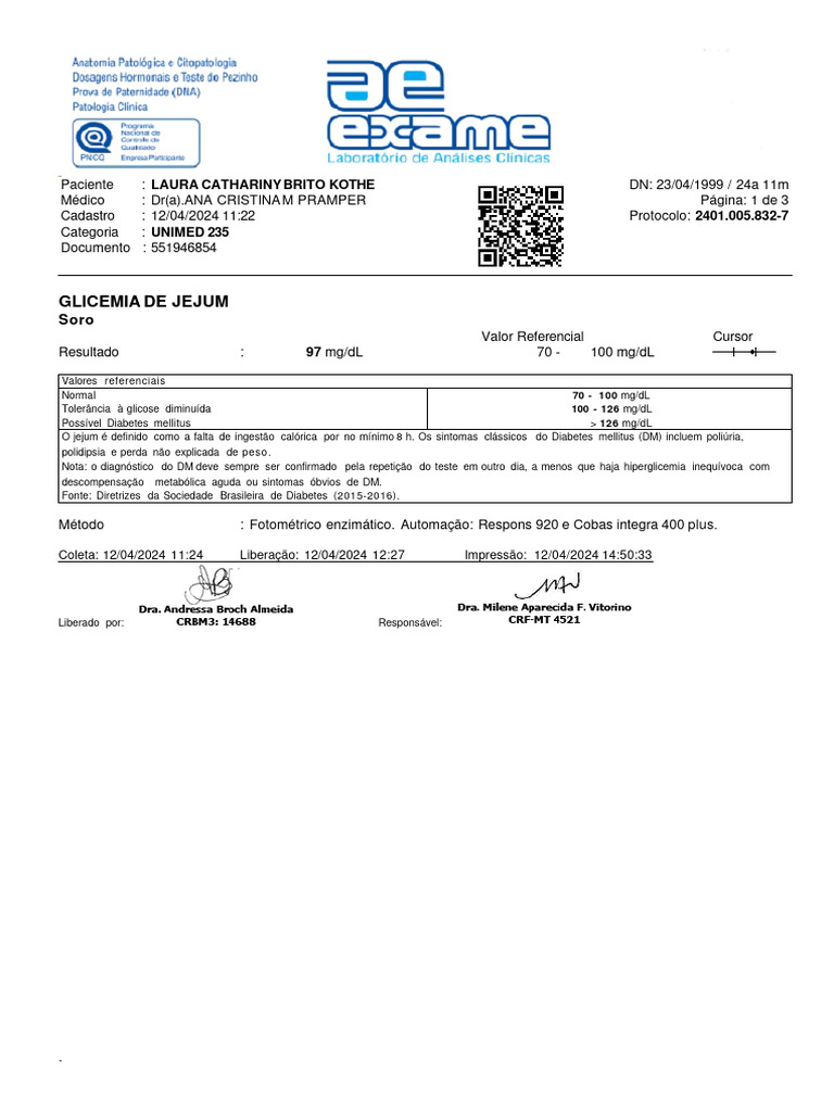 Glicemia em Jejum: Resultado 97 mg/dL | PDF | Diabetes | Causas de morte