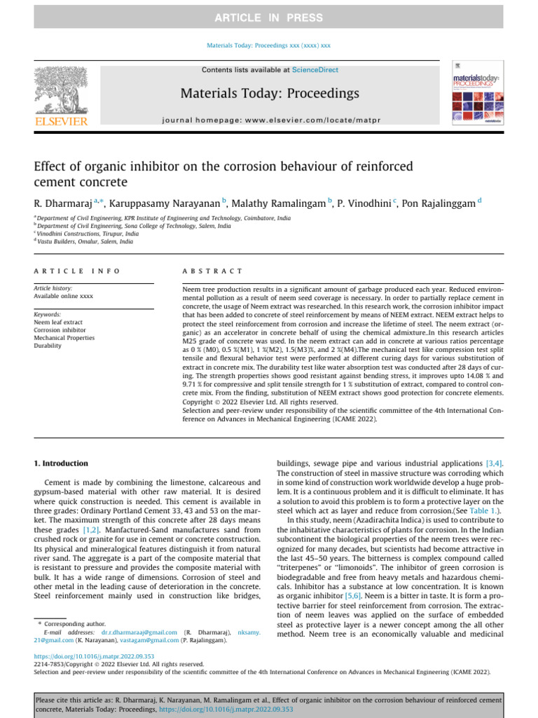 Effect of Organic Inhibitor On The Corrosion Behaviour of Reinforced ...