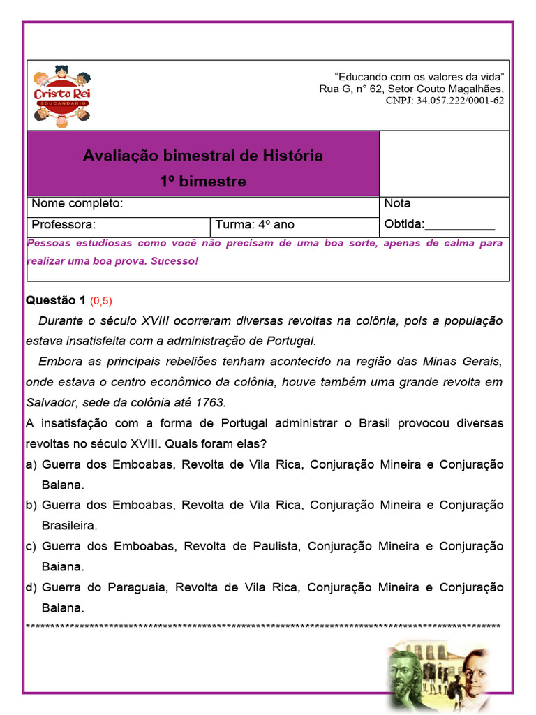 Avaliação de História 4º Ano: Bimestre 1 | PDF | Brasil