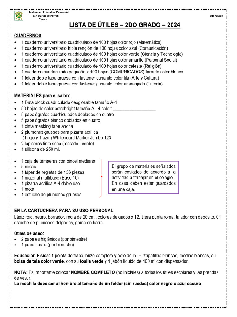 Lista de Útiles 2do Grado 2024 | Descargar gratis PDF | Color | Visión