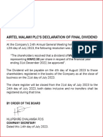 Airtel Malawi PLC Y2022 Final Dividend Payment Notice