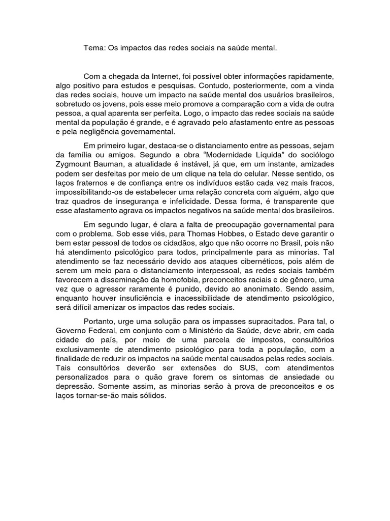 redação - os impactos das redes sociais na saúde mental | PDF | Saúde ...