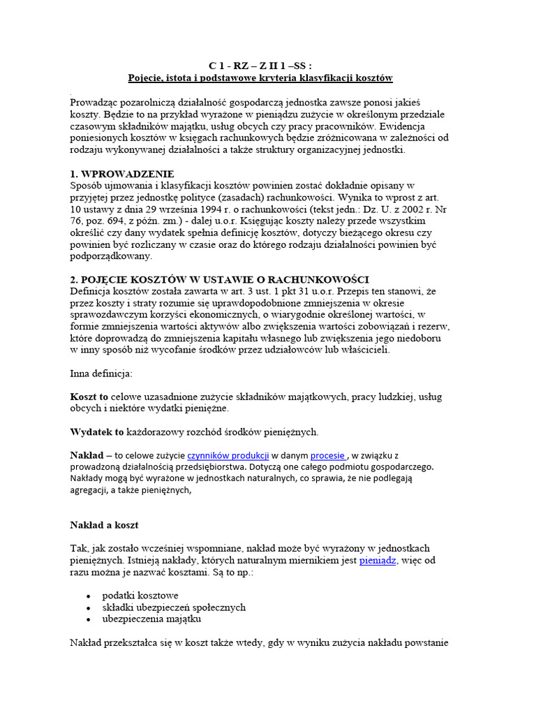 ZC1 - RZ - ZII 2 - SS - Klasyfikowanie I Rozliczanie Kosztów W Różnych ...