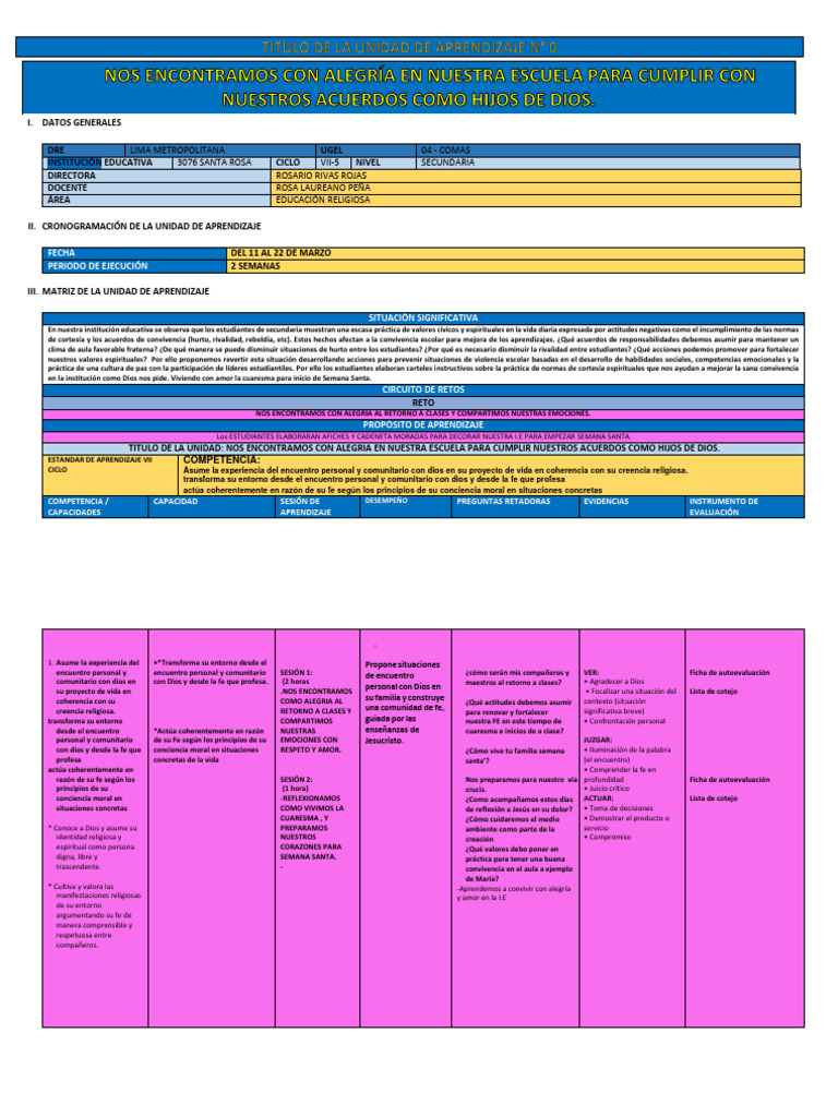 Unidad de Aprendizaje 0 de 5to Año | PDF | Fe | Aprendizaje