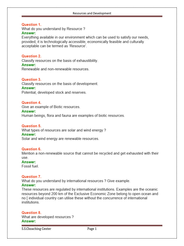 Resources And Development Class 10 Questions