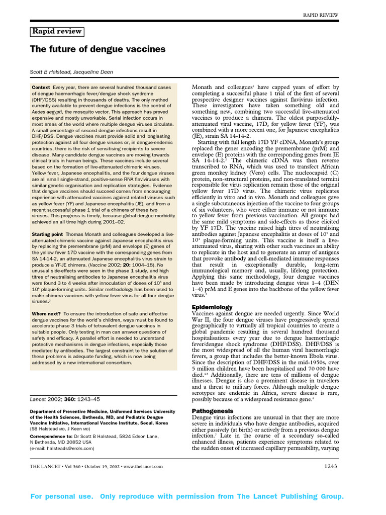 The Future of Dengue Vaccines - Lancet | PDF | Vaccines | Virus