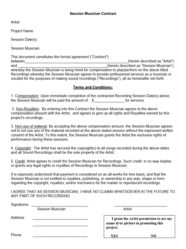 Session Musician Contract Sample | PDF | Royalty Payment | Copyright