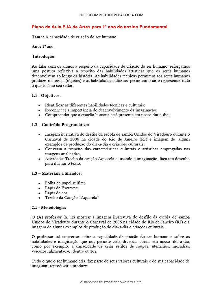Plano de Aula de Artes para 1º Ano EJA | PDF | Imagem | Imaginação