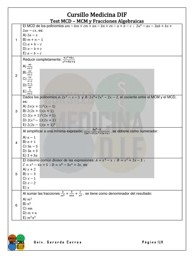 Test MCD - MCM y Fracciones Algebraicas | PDF | Aritmética | Análisis ...