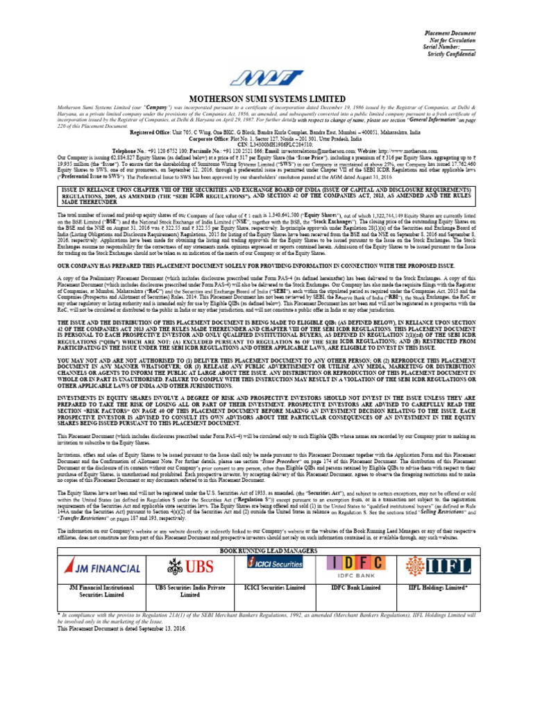 Motherson sumi intro | PDF | Securities Act Of 1933 | Stocks