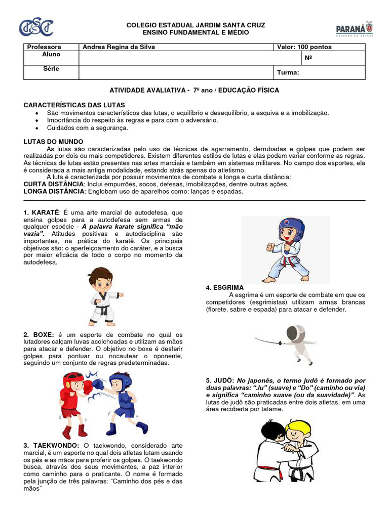 Atividade Avaliativa: Características das Lutas | PDF | Karatê | Judô