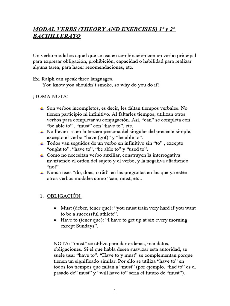 Ejercicios de Verbos Modales 1º y 2º Bachillerato | PDF | Verbo ...