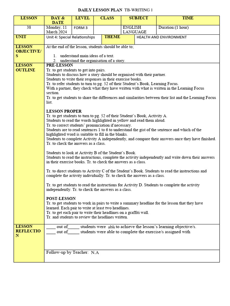 Unit 4 SRS - DLP TB Based Lesson 38 - Writing | PDF | Lesson Plan ...