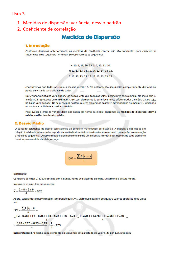Exercícios sobre Medidas de Dispersão | PDF | Variação | Desvio padrão
