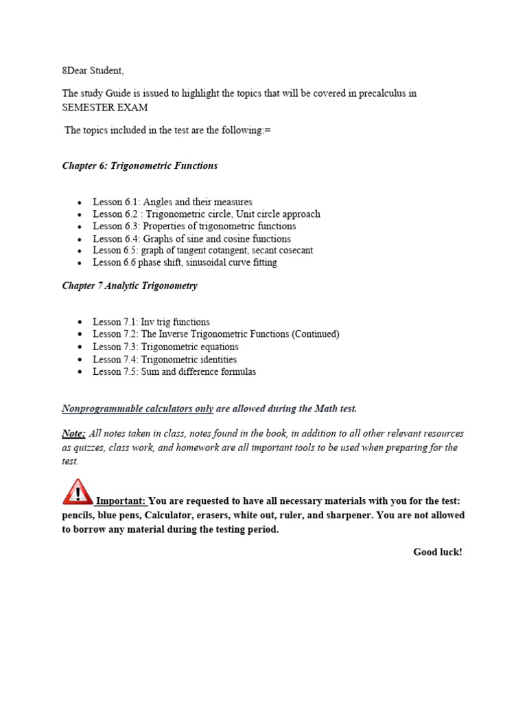 Precalculus Exam Study Guide Pdf