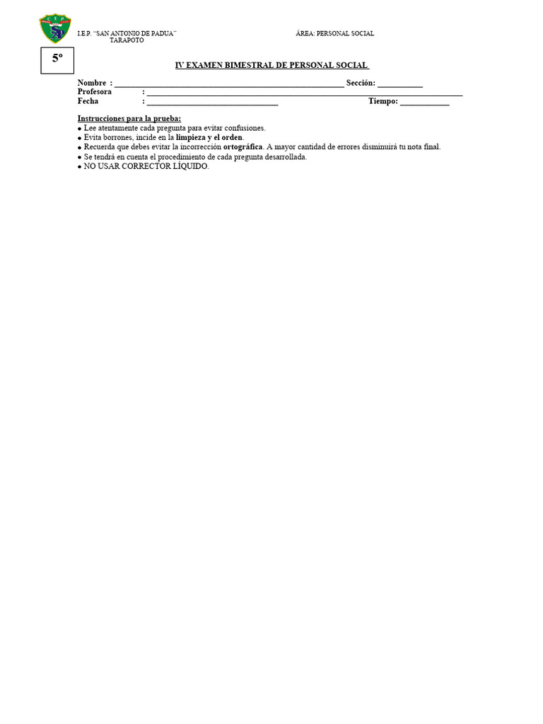 Examen Bimestral de Personal Social 5º | PDF | Perú