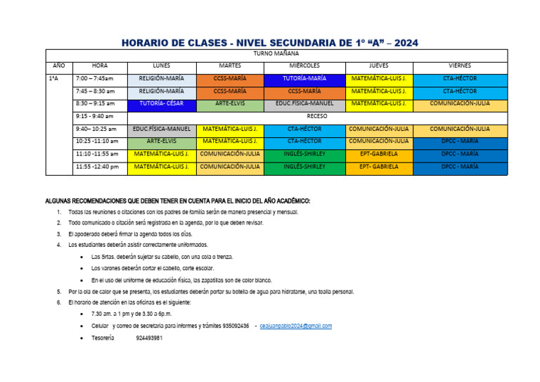Horario Clases 1º A Secundaria 2024 | PDF