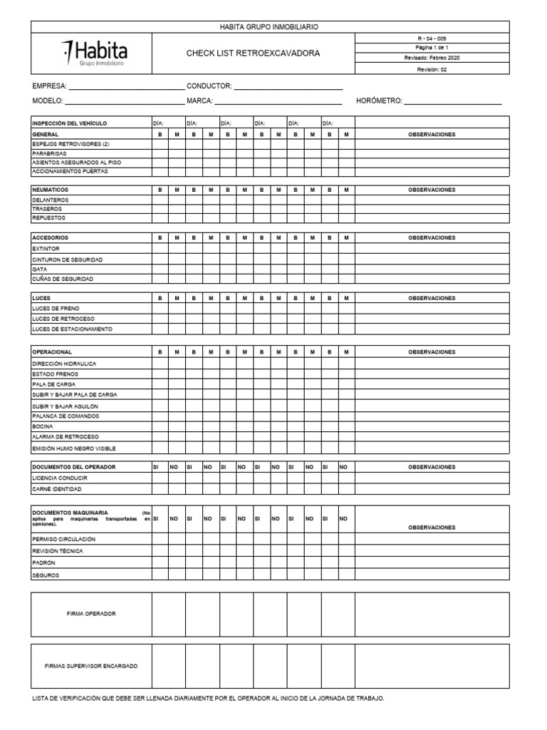 R-009 Check List Retroexcavadora 2020 | PDF | Camión | Vehículos terrestres
