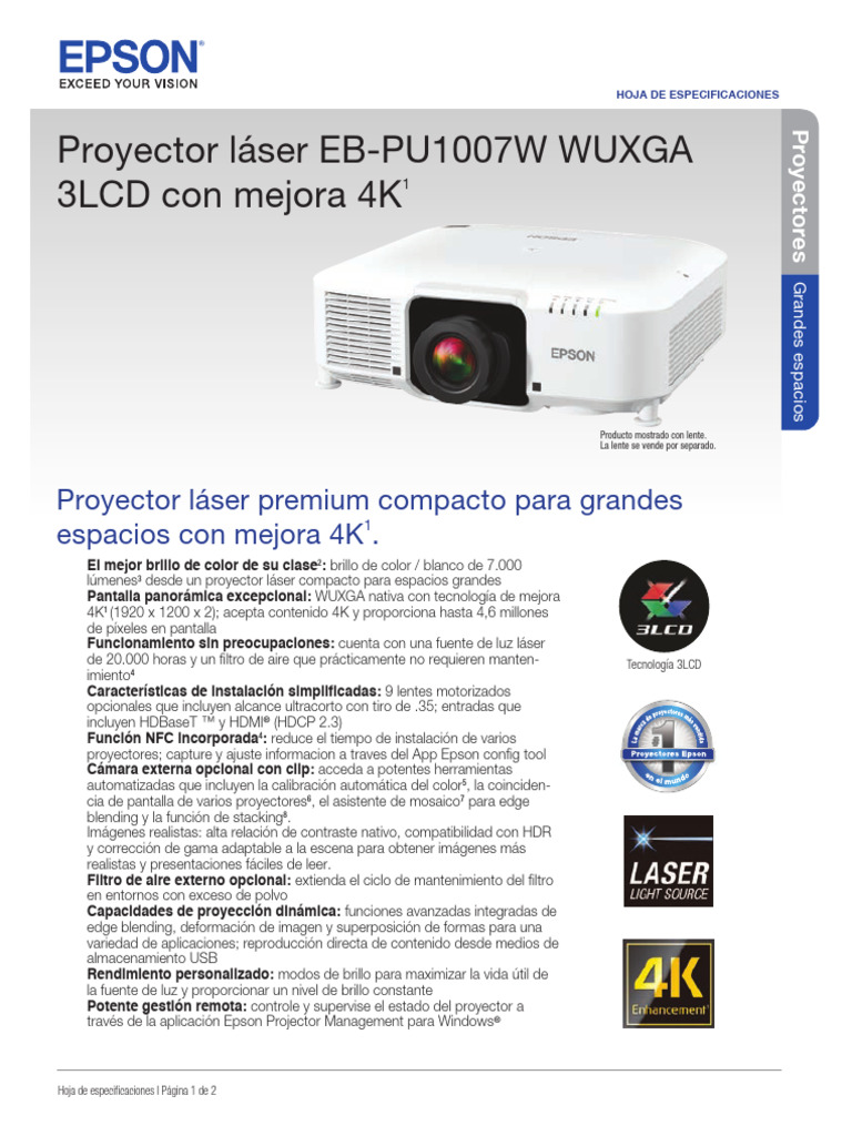 Especificaciones Proyector EBPU1007W PDF | PDF | Lentes de aumento | Hdmi
