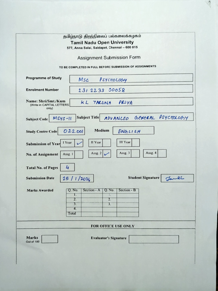 MSc Advanced Psychology Assignment Form | PDF