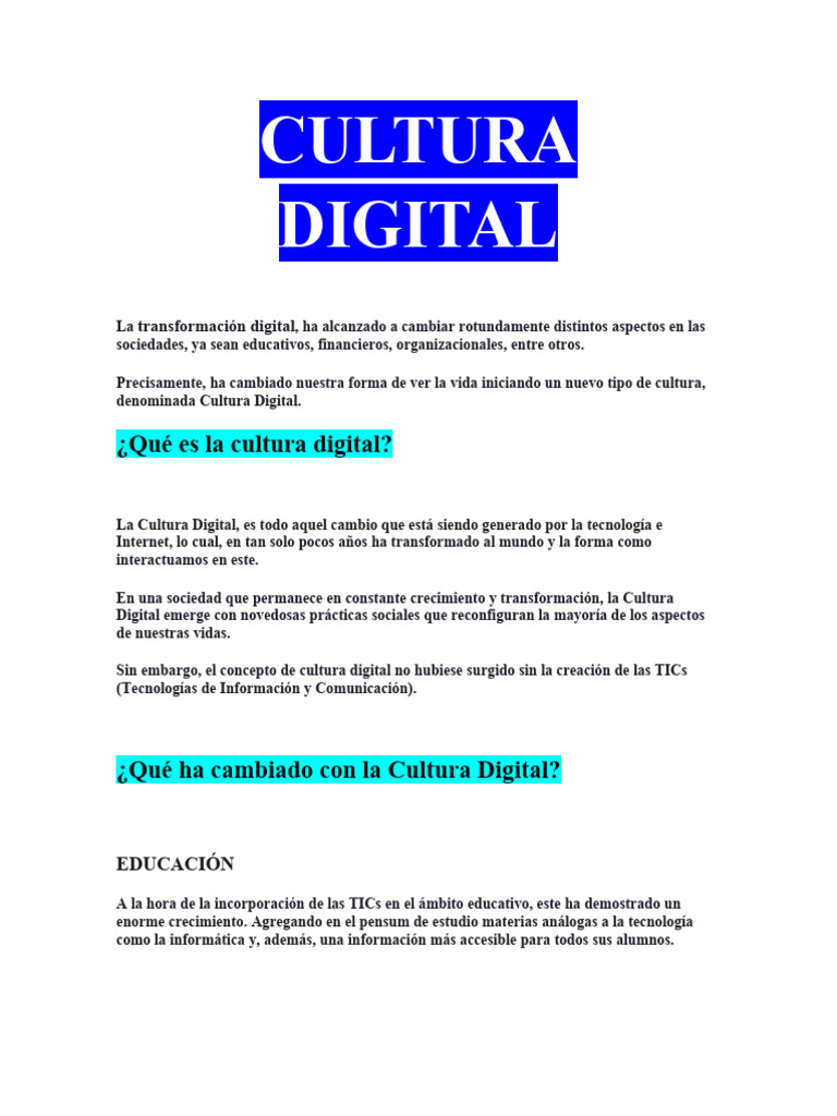 Impacto de la Cultura Digital en la Sociedad | PDF | Tecnología de ...