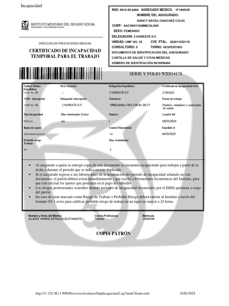 Certificado de Incapacidad IMSS | PDF | Medicina | Cuidado de la salud