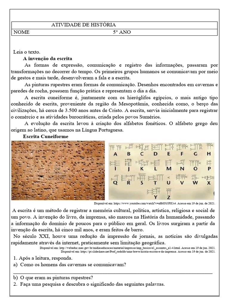 Atividade Historia 5 Ano Surgimenro Da Escrita | PDF | Escrita ...