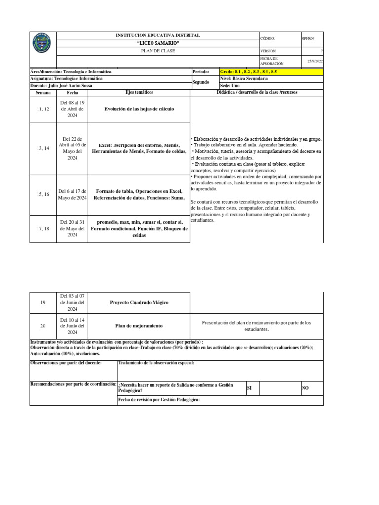 Plan de Clase Segundo Periodo | PDF | Maestros | Microsoft Excel