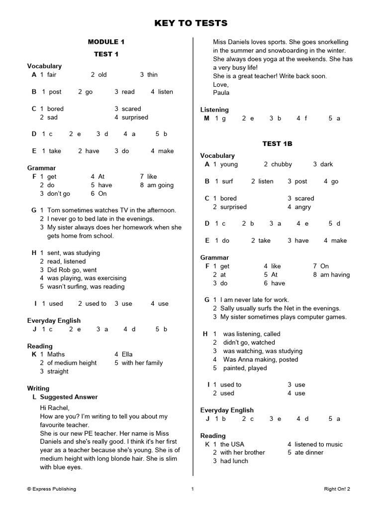 Right On! 2 Test Answers Key | PDF