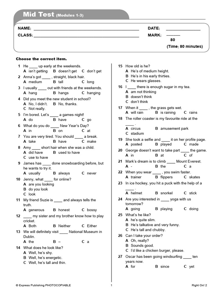 18 Right On 2 - Mid Test - Mods 1 - 3 | PDF