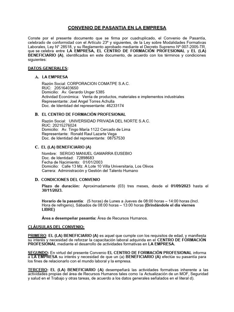 Convenio de Pasantía en Recursos Humanos | PDF | Business | Desarrollo ...
