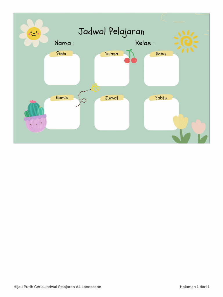 Hijau Putih Ceria Jadwal Pelajaran A4 Landscape | PDF