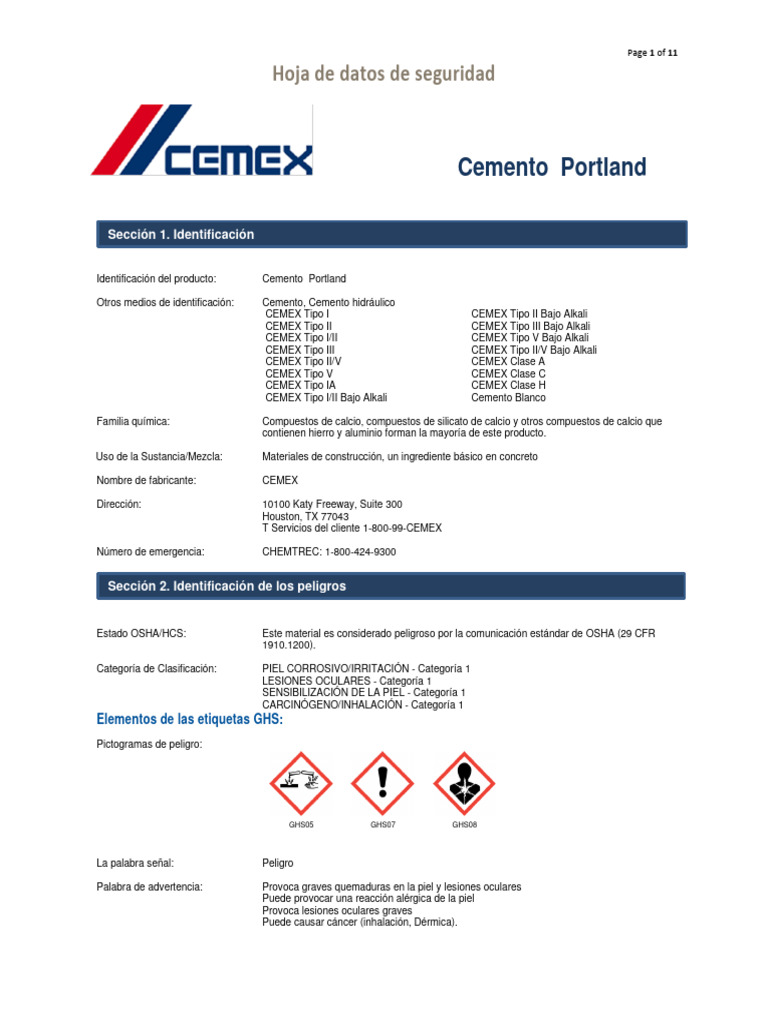 Hoja de Seguridad del Cemento Portland | PDF | Cemento | Quemar