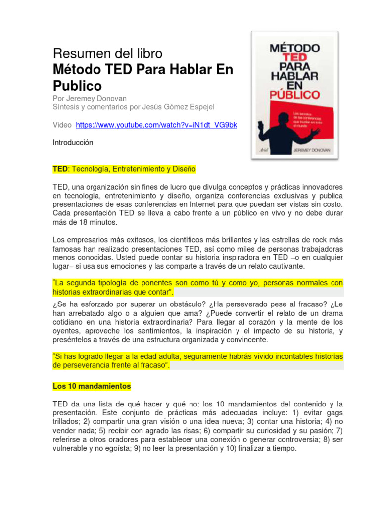 Resumen Del Libro Metodo Ted para Hablar en Publico | PDF | Las ...