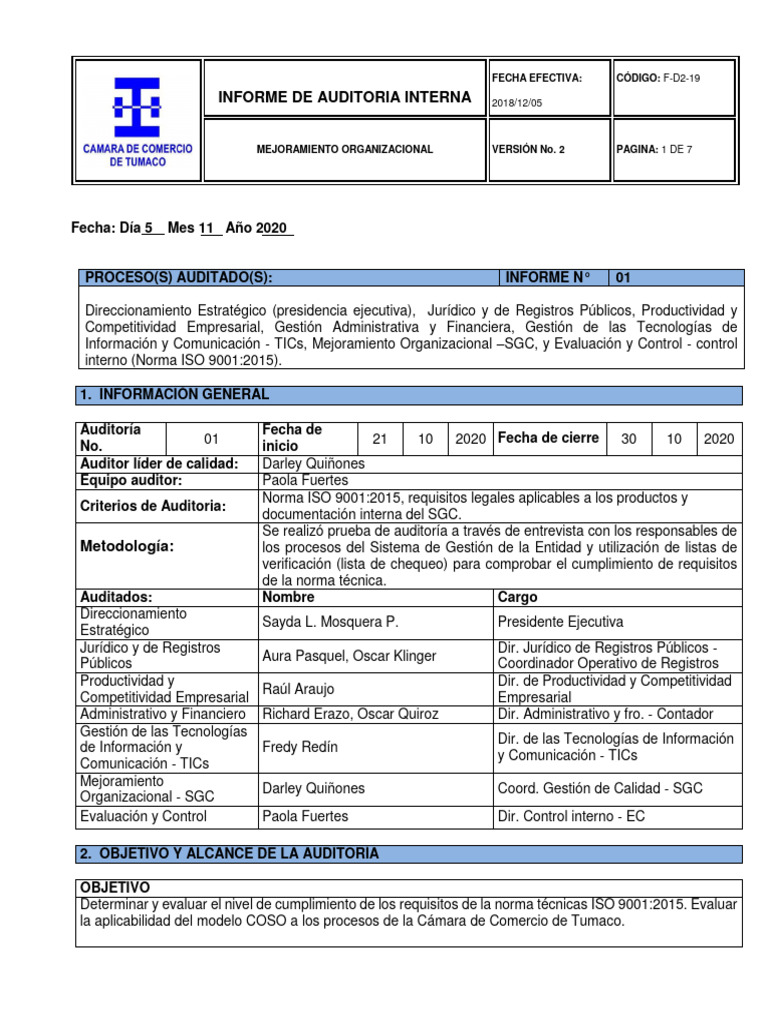Informe de Auditoría Interna ISO 9001:2015 | PDF | Auditoría | Sistema ...