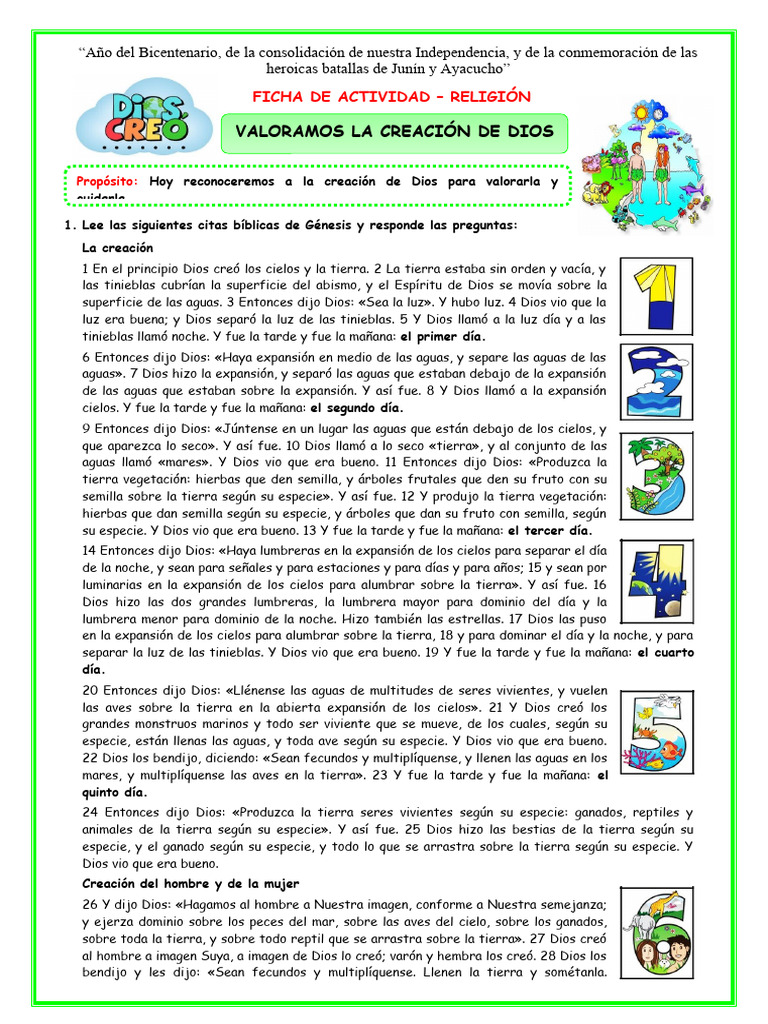 Ficha de Actividad: La Creación de Dios | PDF | Aves | Tierra