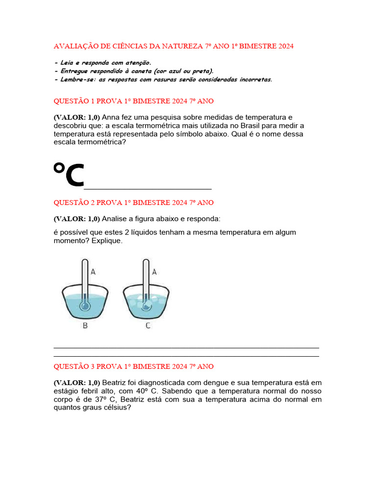 Avaliação de Ciências 7º Ano - 1º Bimestre | PDF | Calor | Temperatura