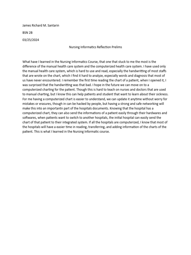 Nursing Informatics Reflection Prelims_SANTARIN | PDF