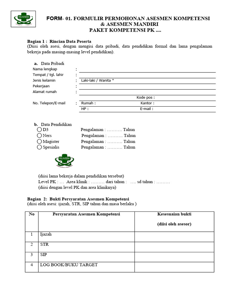Form 01 Permohonan Asesmen Dan Asesmen Mandiri Pdf