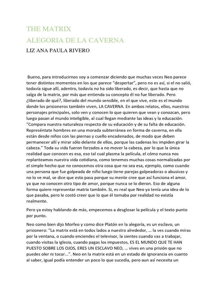 Matrix y la Alegoría de la Caverna | PDF | Platón | Alegoría