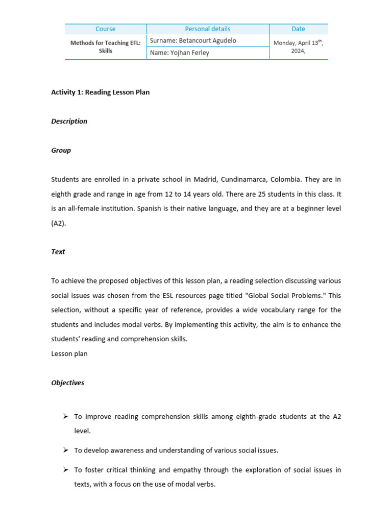 EFL Reading Lesson Plan on Social Issues | PDF | English As A Second Or ...
