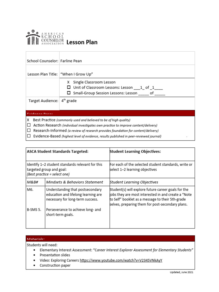 When I Grow Up Career Plans | PDF | School Counselor | Lesson Plan